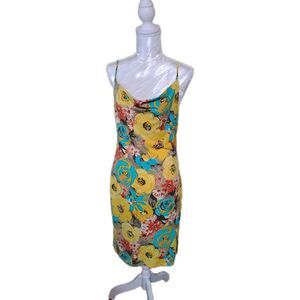 Poppy Multicolor Floral Cowl Neck Knee Length Slip Dress Tropical Women's Large